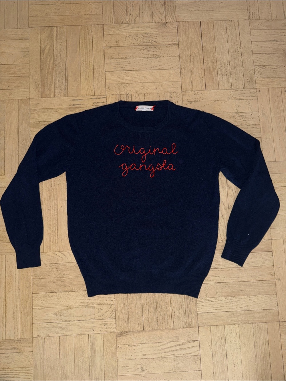 Lingua Franca Original Gangsta Navy Crewneck Sweater with Red Script